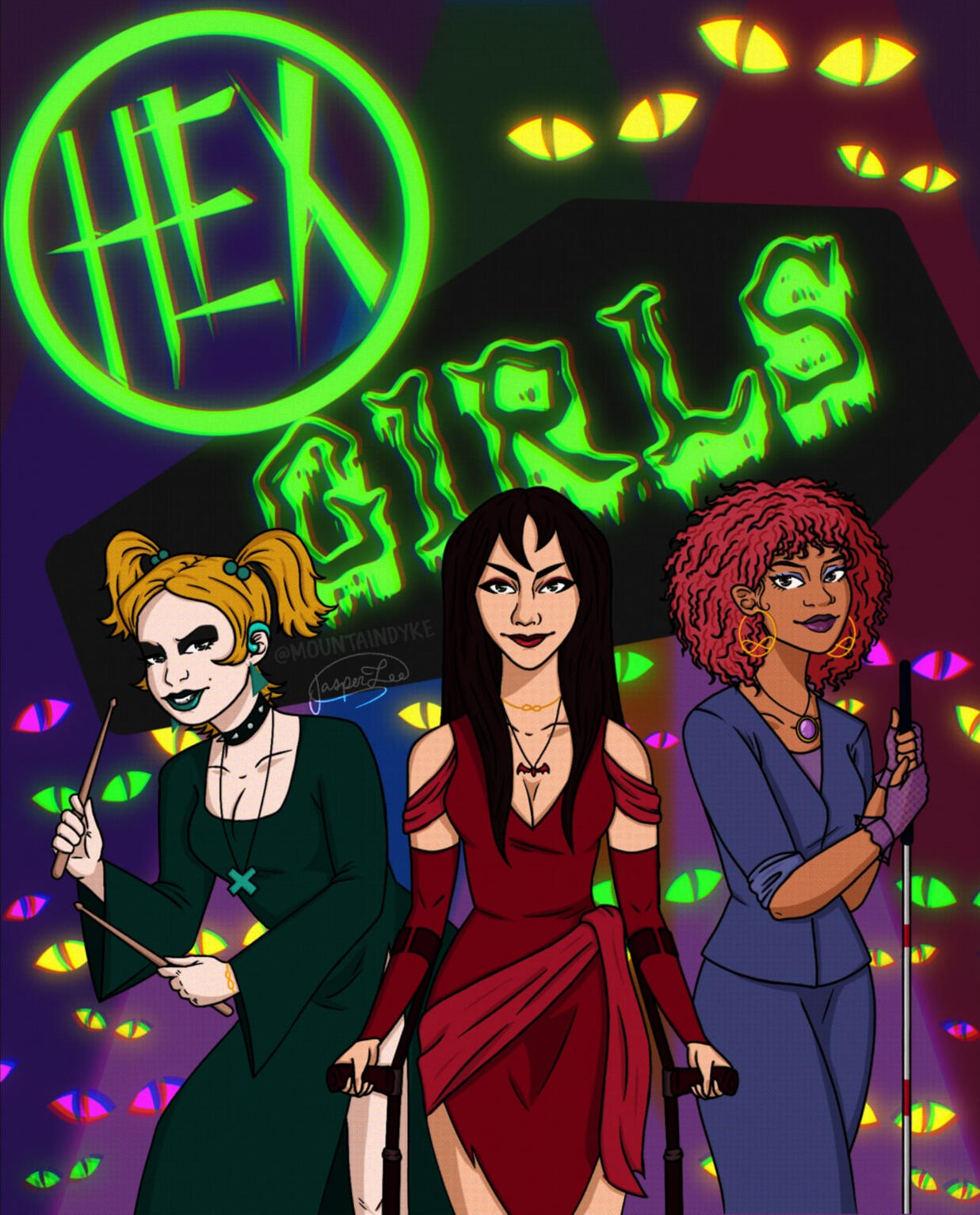 the hex girls with mobility devices and disability aids. Dusk, drummer, has hearing aids and a bracelet with an autism bracelet, Thorn, singer, has forearm crutches and a necklace with an austim necklace, and Luna, pianist, is blind with autism hoops
