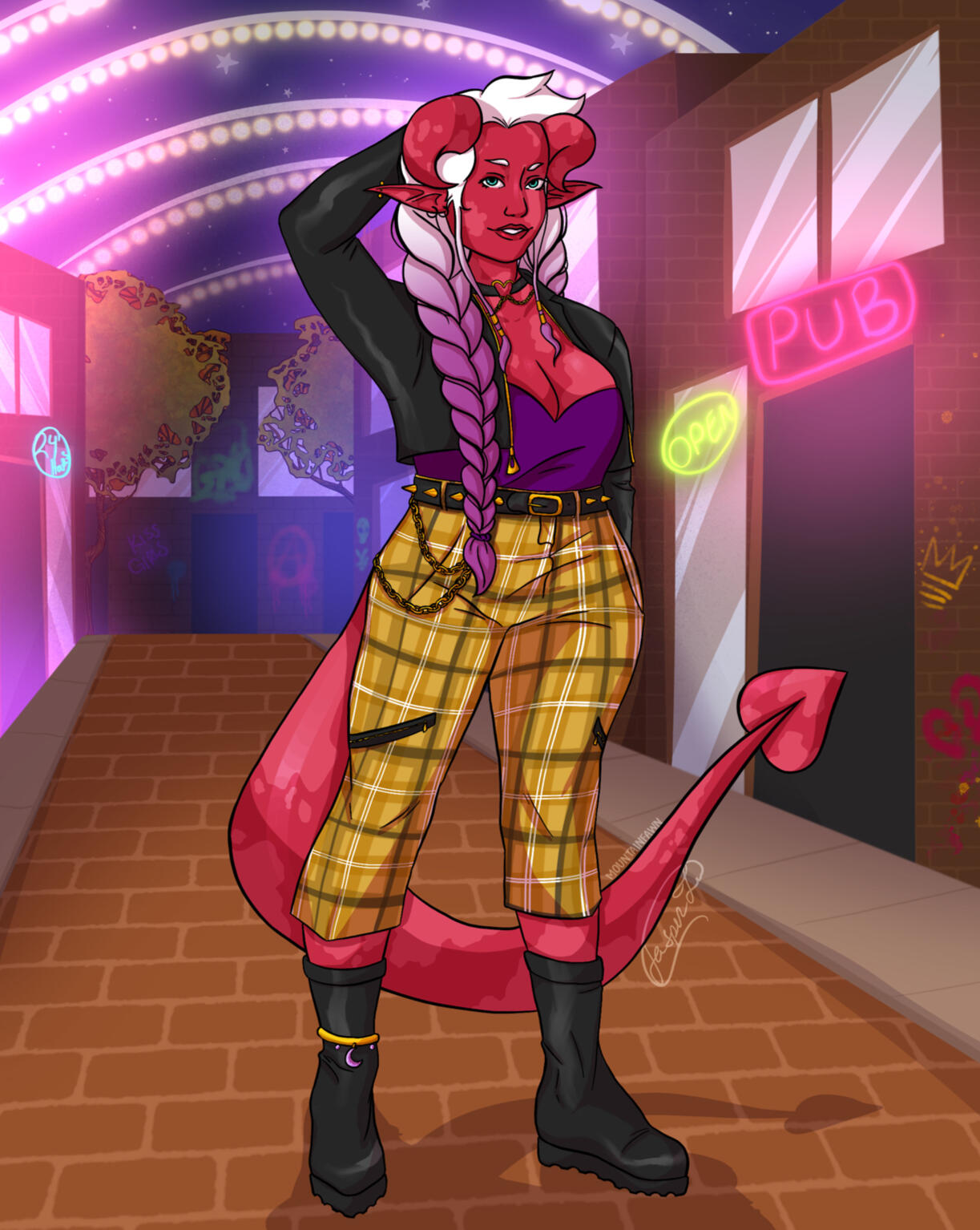 dnd commission of a punk tiefling in a pub allyway, she has braide white and purple ombre hair, yellow plaid cropped pants, black boots, purple sweetheart necklace top and black leather jacket