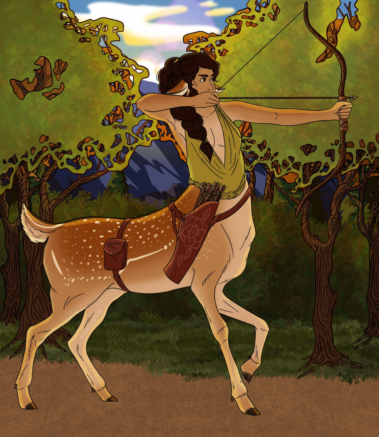 a deer centaur hunting in a forest with a bow and arrow, she has a dark brown messy braid, green flowy top, and brown leather hip bag and quiver