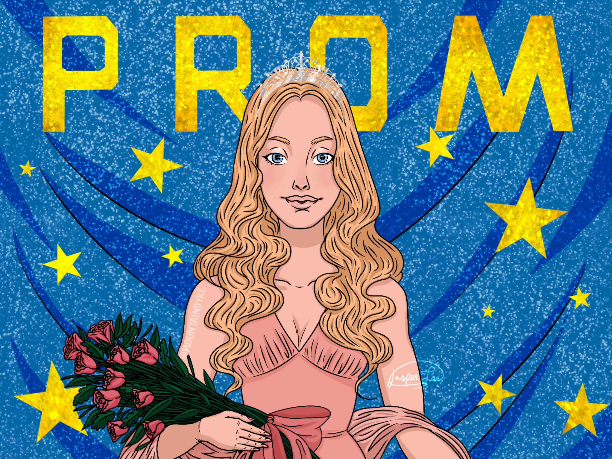 fanart of carrie at prom in her pink dress and crown holding her bouquet of roses