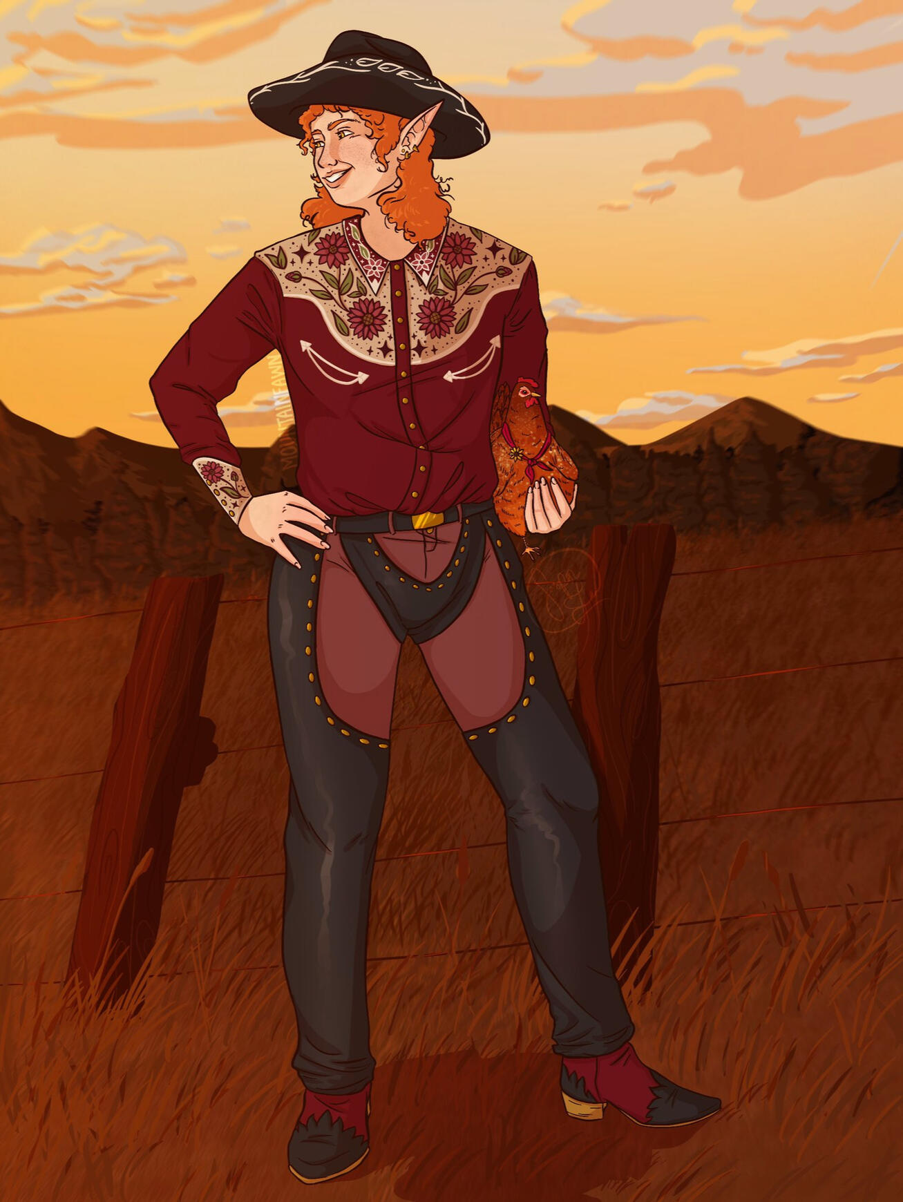 a trans man half pixie half changeling cowboy wearing a black cowboy hat, maroon western shirt, red tan pants, black leather chaps and matching boots holding a brown speckled chicken with a red scarf, standing in front of a field and fence