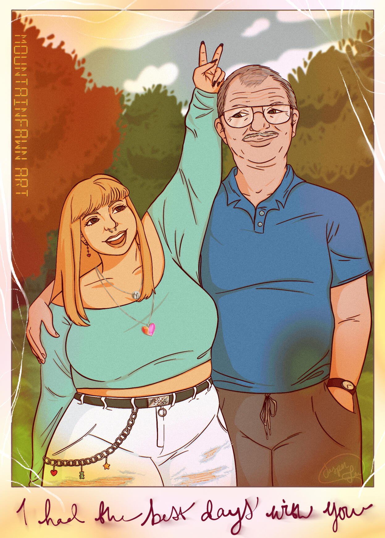 commission of a girl and her grandfather. it looks like an old polaroid photo, she is plus size in a blue crop top and white ripped jeans, with a belt and chain, and is holding bunny ears behind her pops who is wearing a darker blue polo & grey sweatpants