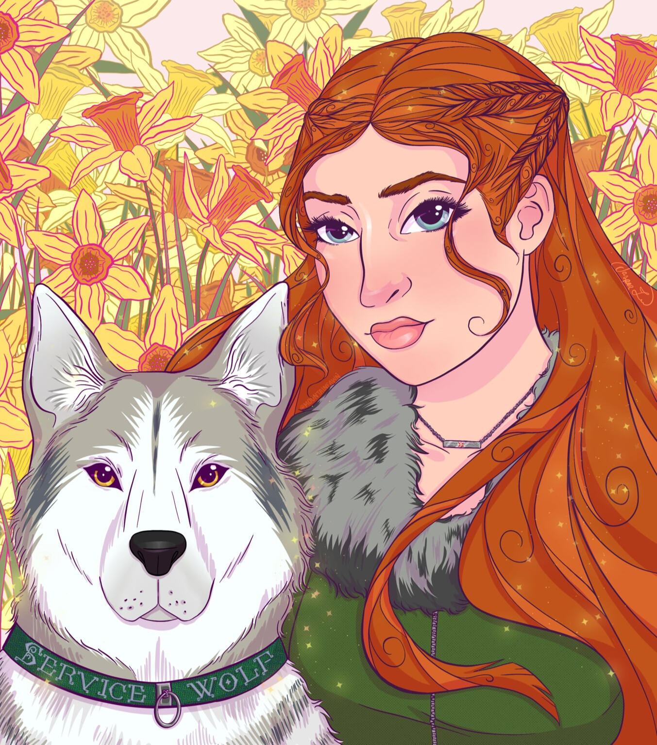 fanart commission bust of sansa stark, her ginger hair flowing over her shoulder and furry coat, half braided up, with a wolf to the side who has a service wolf collar, the background is daffodils
