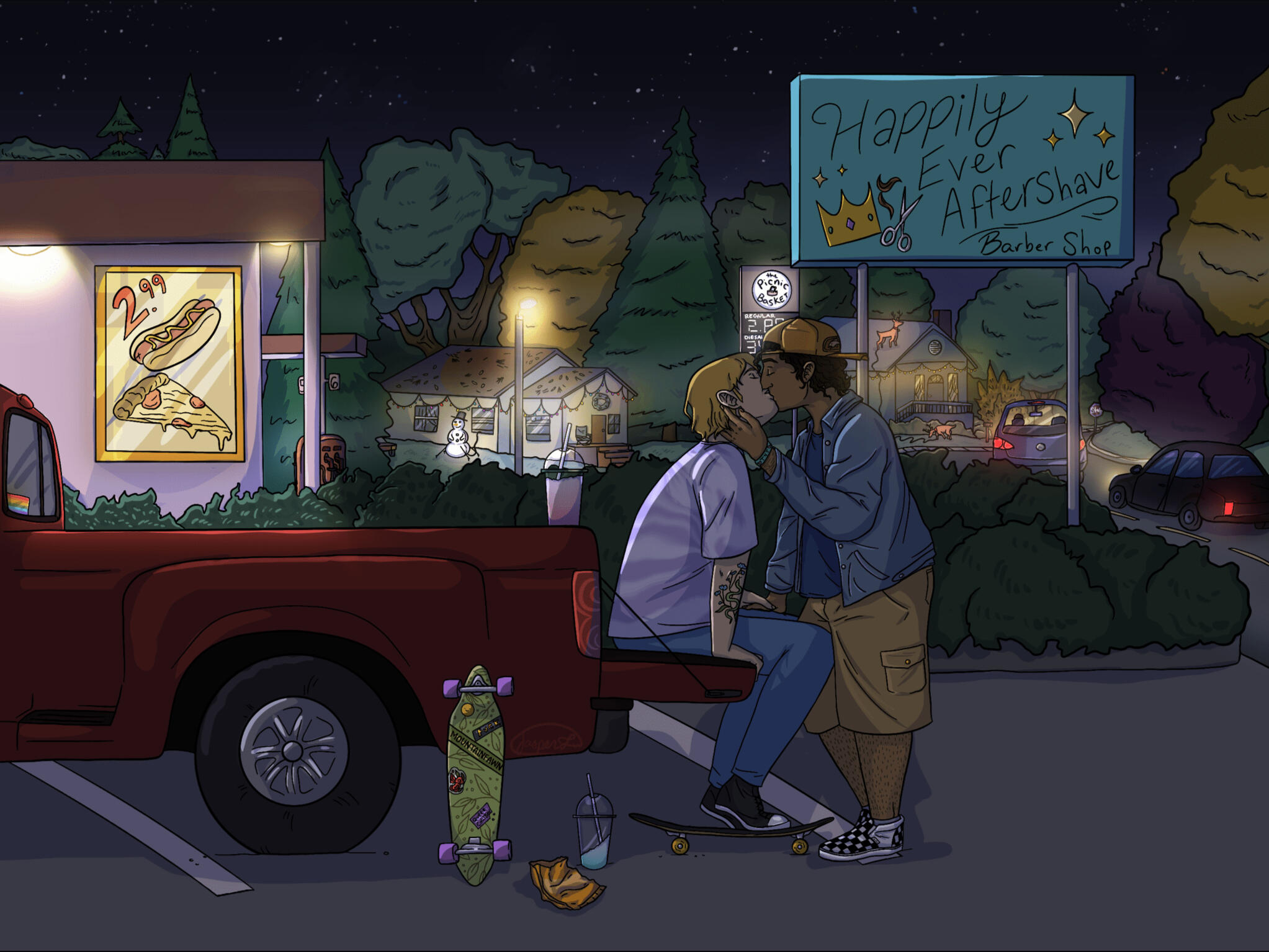 a queer portrait of a white and middle eastern trans guys hanging out in a parking lot, sitting on the back of a pick up truck and kissing, ones skateboard leaning against the truck and christmas decorations line the background