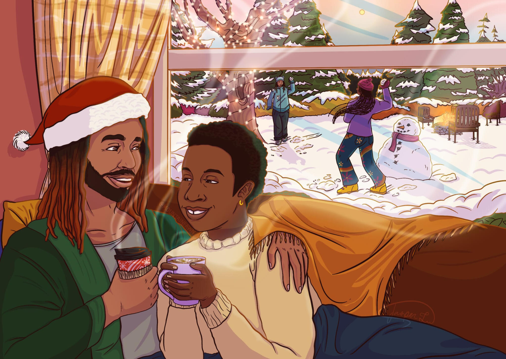 queer art of two black trans guys, one wearing a sweater and the other a santa hat and robe, sitting on their couch drinking coffee while their nieces have a snowball fight outside in the window behind them