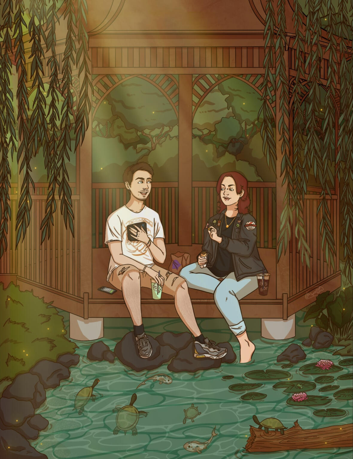 two trans guys sitting on a gazebo at a pond feeding turtles below tacobell potatoes, there are koi fish and lightning bugs and lily pads, willow trees frame the image and sunlight beams down
