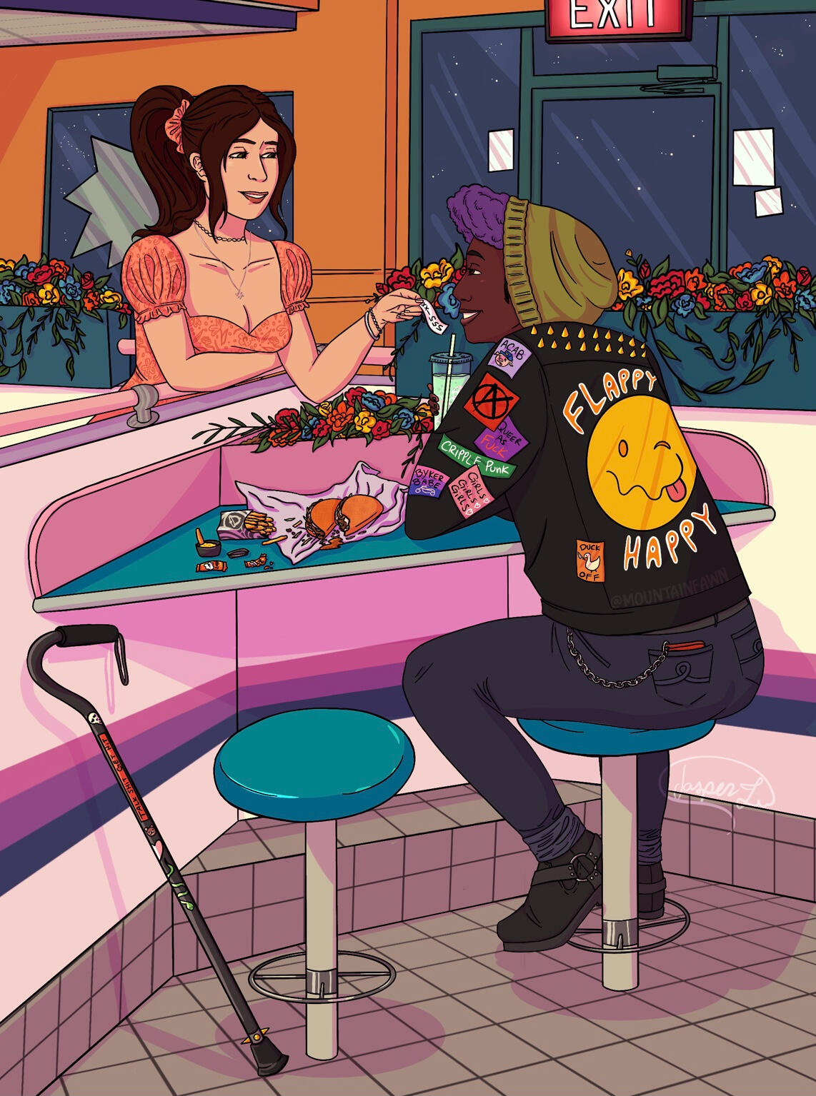 art of a white jewish trans woman giving her number to a black bi dyke biker sitting at tacobell eating dorito tacos and fries. they have a cane sitting next to them and their leather jacket is covered in patches